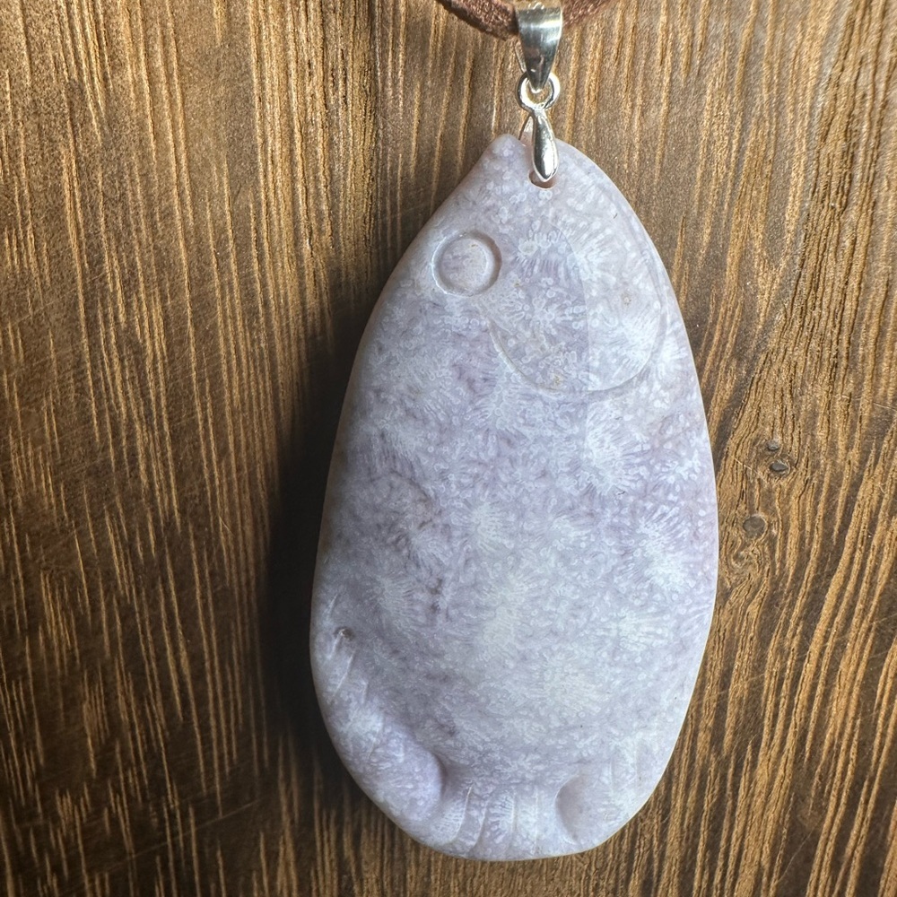 Ice Purple Coral Fossil Jade Fish Pendant Necklace on Brown Faux Suede - Picture 6 of 16